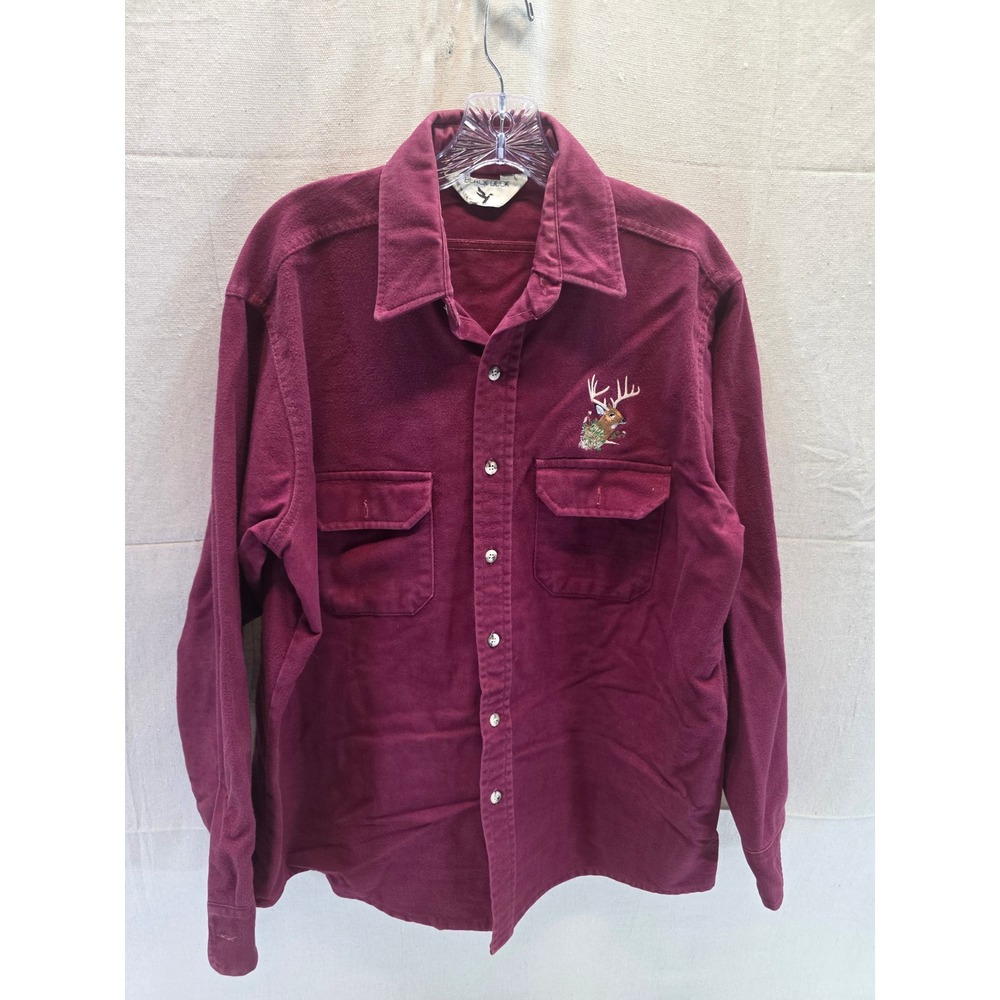 Vintage Black Duck Mens Burgundy Chamois Cloth Shirt Embroidered Buck Deer USA L